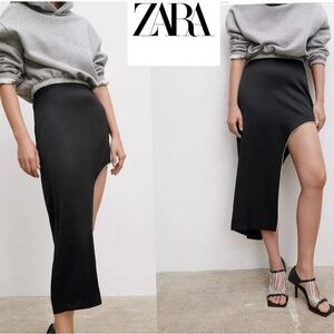 Zara black satin rhinestone trim asymmetrical midi skirt cocktail party formal M